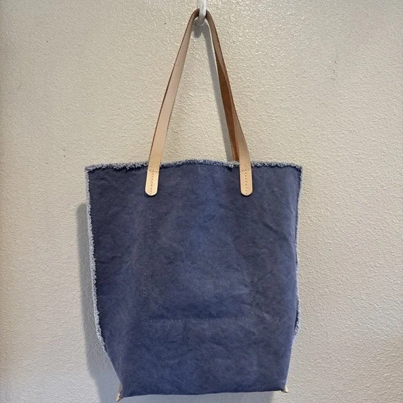 Graf Lantz Hana Canvas Boat Bag Tote Blue Fringe Edge 14x14" Leather Handles - Picture 5 of 9
